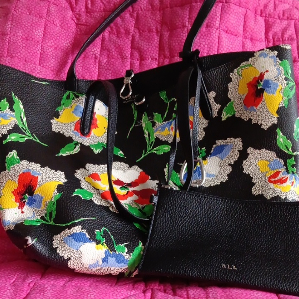 Floral Black Tote Purse with Included Black Zip Pouch LAUREN RALPH LAUREN